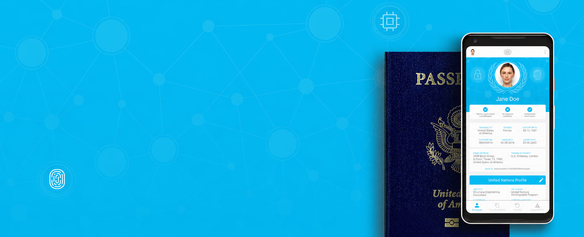A passport and the UN Humanitarian Passport app on a phone, over a blockchain network pattern