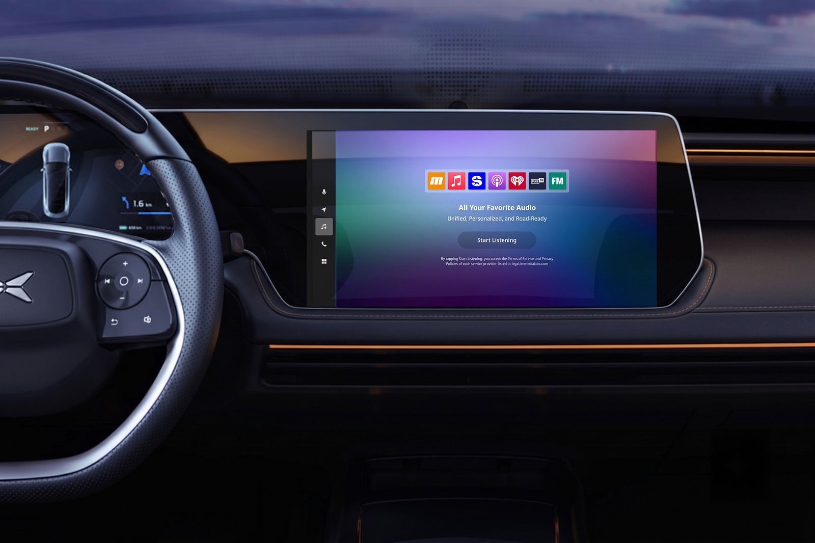 The iM Media Hub audio platform on a vehicle's dashboard screen at dusk