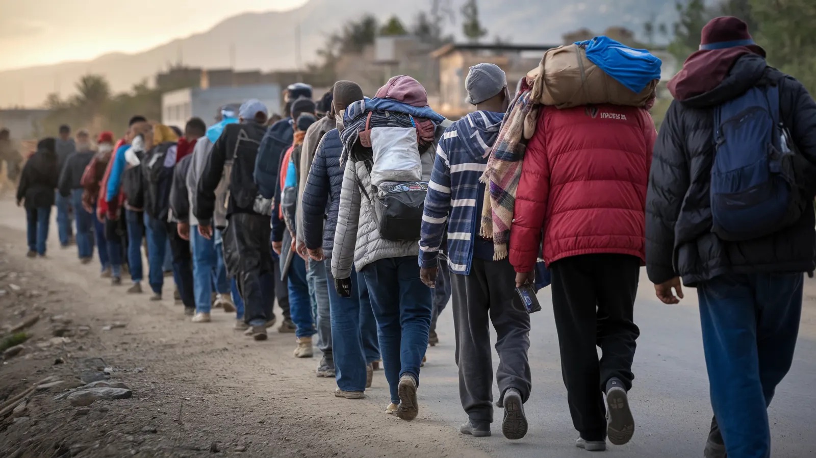 A long line of Venezuelan refugees walking a dusty road at dawn, carrying their belongings