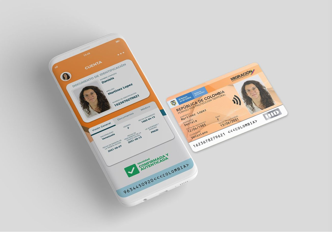 The PID Android app showing a verified identity next to the physical Migración Colombia card