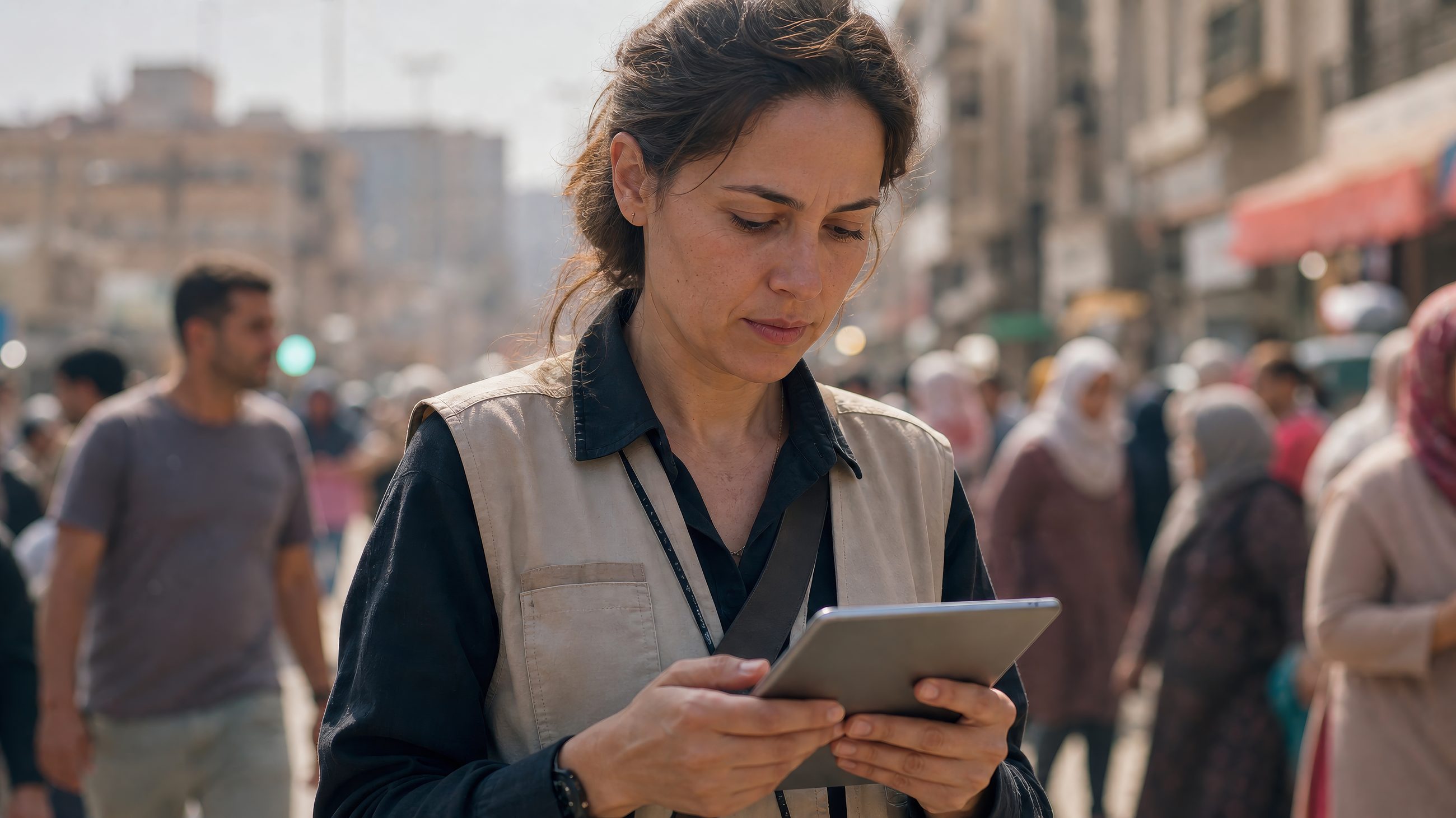 An aid worker reading the dashboard on a tablet in a crowded Lebanese street