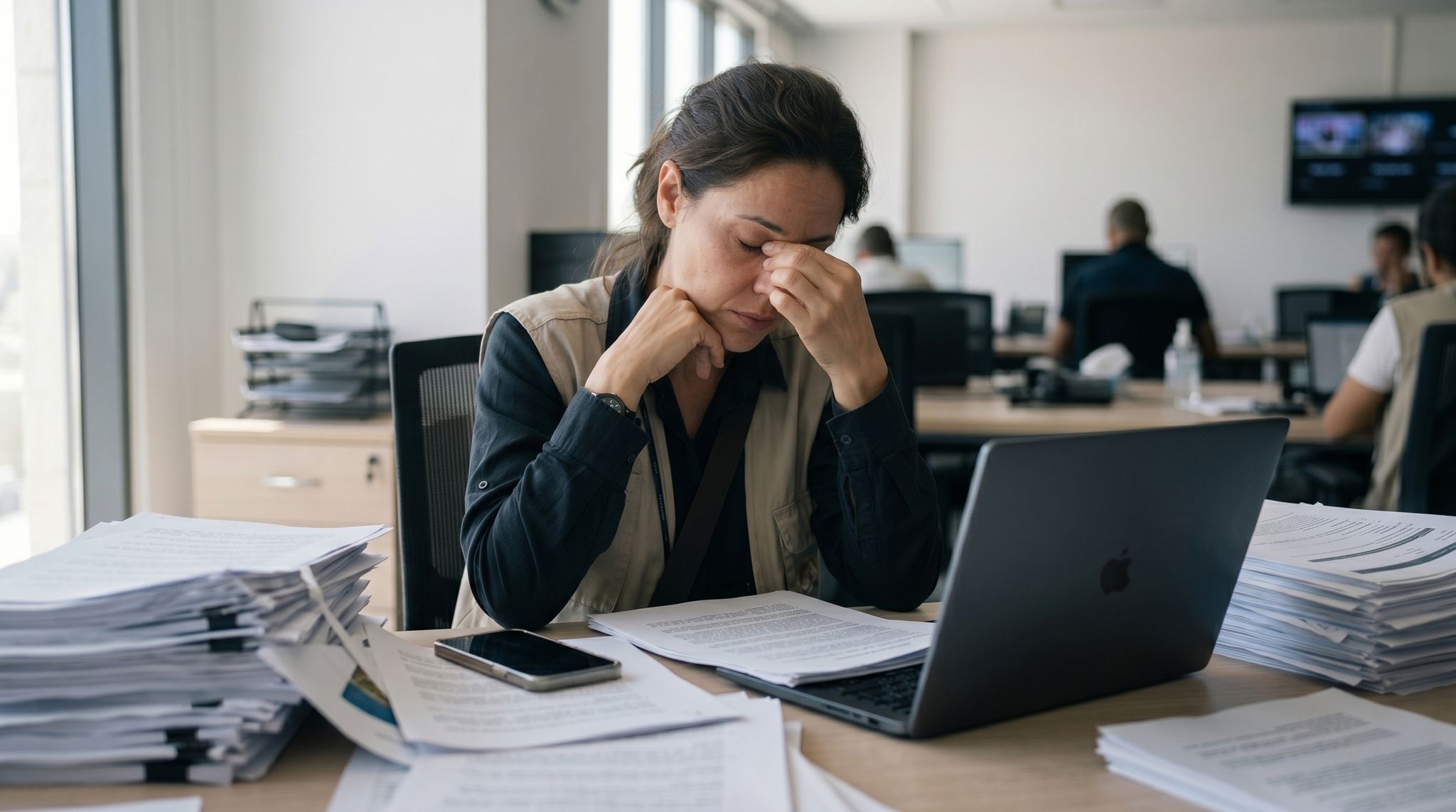 An exhausted programme officer at a desk stacked with printed survey reports