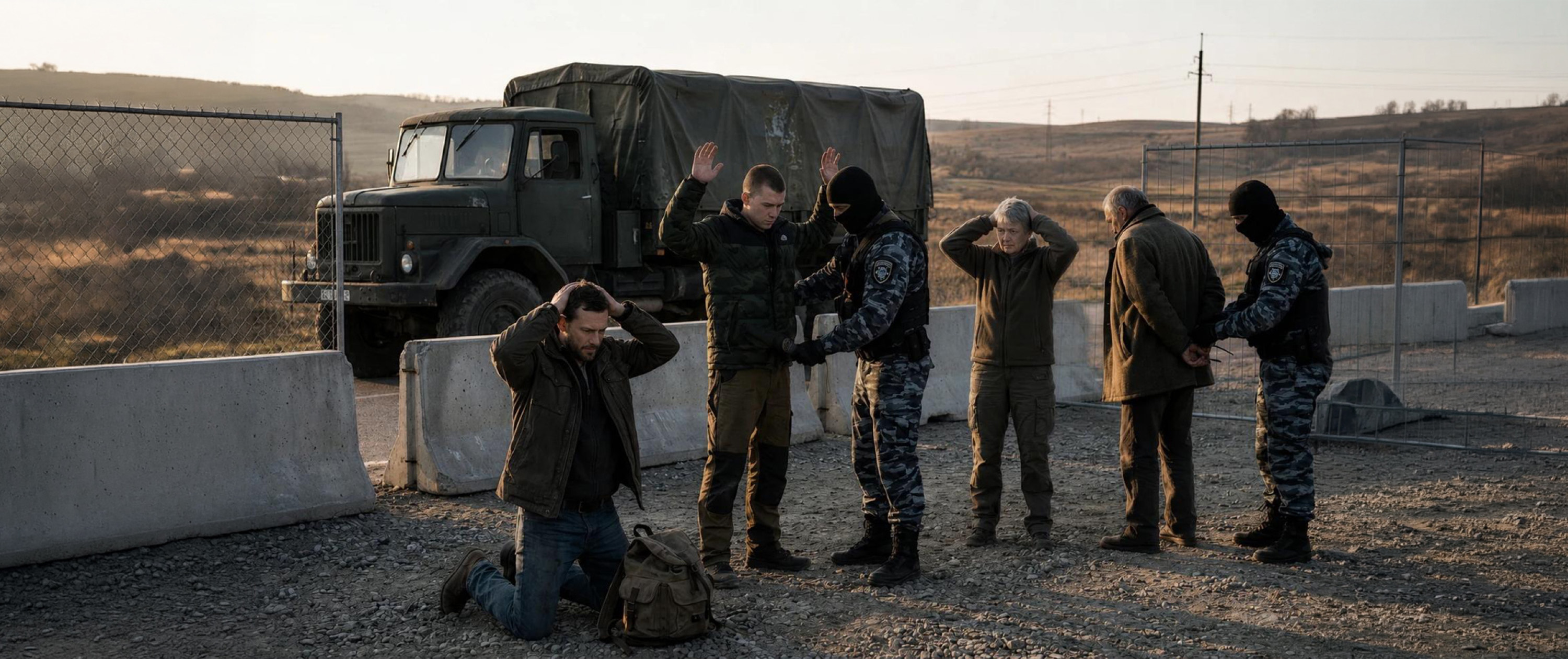 Travellers held at a roadside checkpoint with their hands raised while their belongings are searched